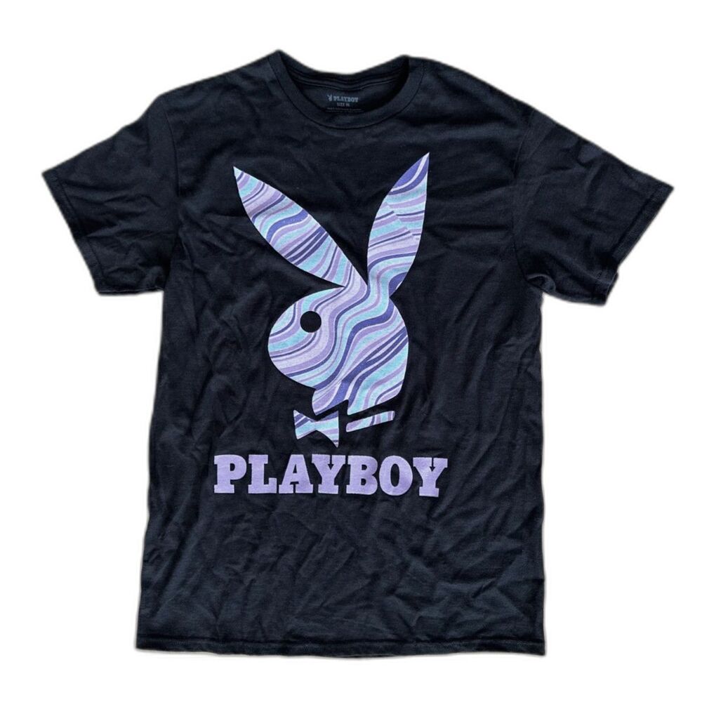 Playboy Bunny Logo Shirt Medium Black Purple Blue Glitter Wavy Graphic Tee